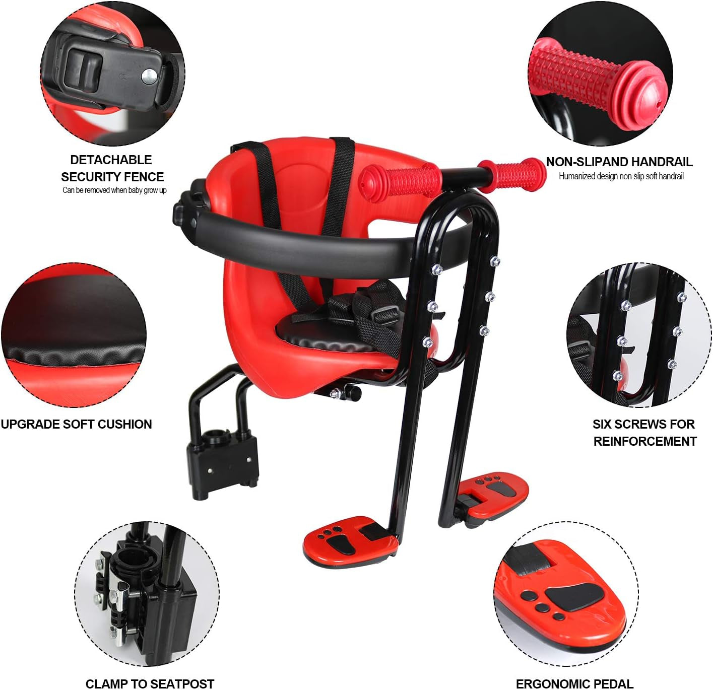 Baby Bicycle Seat - Front Mounted Child Bike Seat with Handrail, Kids Bike Seat for Adult Bike