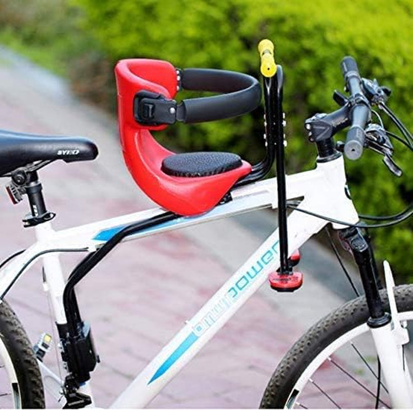 Bicycle Baby Seat, Bike Child Seat, Safety Seat for Bikes Kids Safety Carrier Front Seat with Cushion Armrest Saddle Cushion Back Rest Foot Pedals (A-Fit for Bikes with Front Beam)