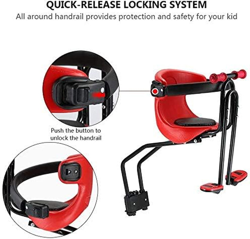 Bicycle Baby Seat, Bike Child Seat, Safety Seat for Bikes Kids Safety Carrier Front Seat with Cushion Armrest Saddle Cushion Back Rest Foot Pedals (A-Fit for Bikes with Front Beam)